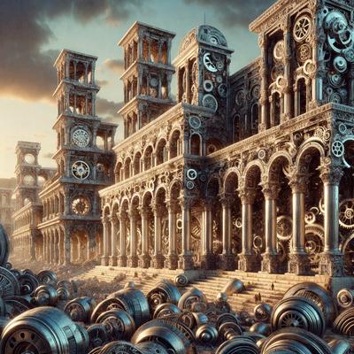 The primary subject of the image is a large, intricate clock tower with a clock on each side. The tower is part of a massive building, which appears to be a church with a cathedral-like atmosphere. The setting is a cityscape, with the clock tower towering over the surrounding buildings. The visual style is a combination of digital art and illustration, creating a unique and detailed representation of the clock tower. The colors and mood of the image are predominantly dark and dramatic, with the clock tower standing out as the focal point of the scene.